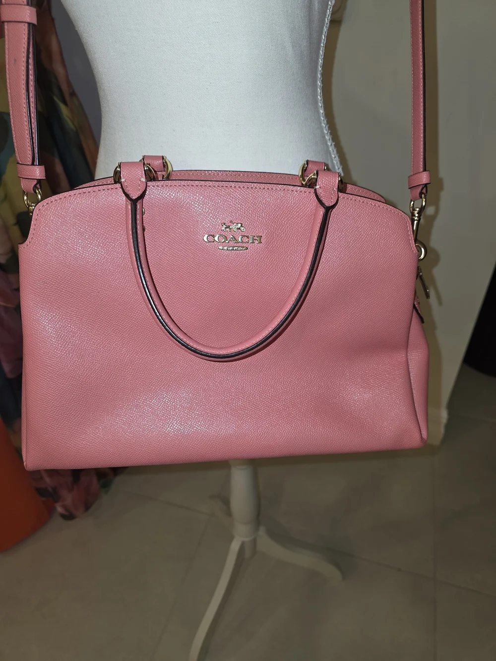 Coach Pink Leather Dome Satchel with Gold Hardware and Adjustable Strap